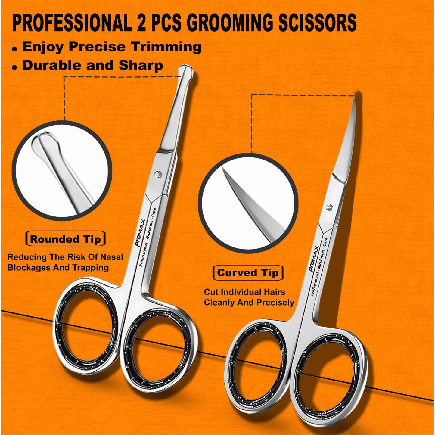 Promax 2-in-1 Nose Hair & Eyebrow Scissors Set – Stainless Steel Grooming Shears with Rounded Safety Tip & Curved Blades for Men & Women – Beard, Mustache & Facial Hair Trimming Scissors Kit