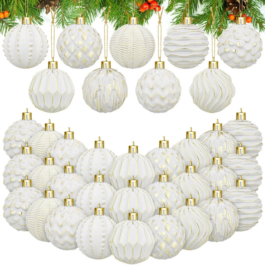 Liliful 36 Pcs Farmhouse Ball Ornaments Set Distressed Christmas Tree Ornaments Vintage Christmas Balls for Retro Holiday Party Decor (White-Gold)