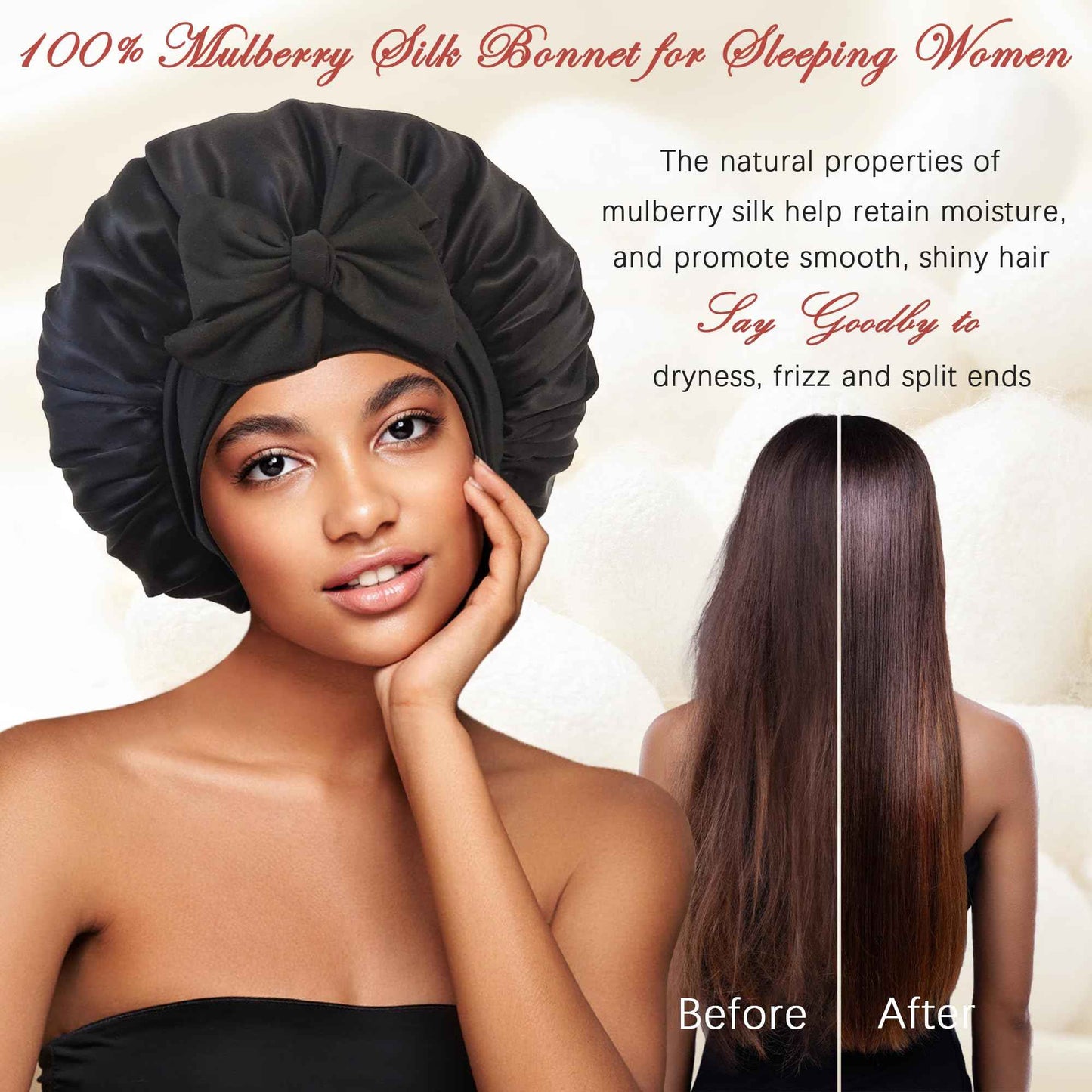 100% Mulberry Silk Bonnet for Sleeping Women, Real Silk Bonnet with Tie Band, Large Sleep Bonnets for Women, Double-Layer Sleep Cap for Braids Curly Hair