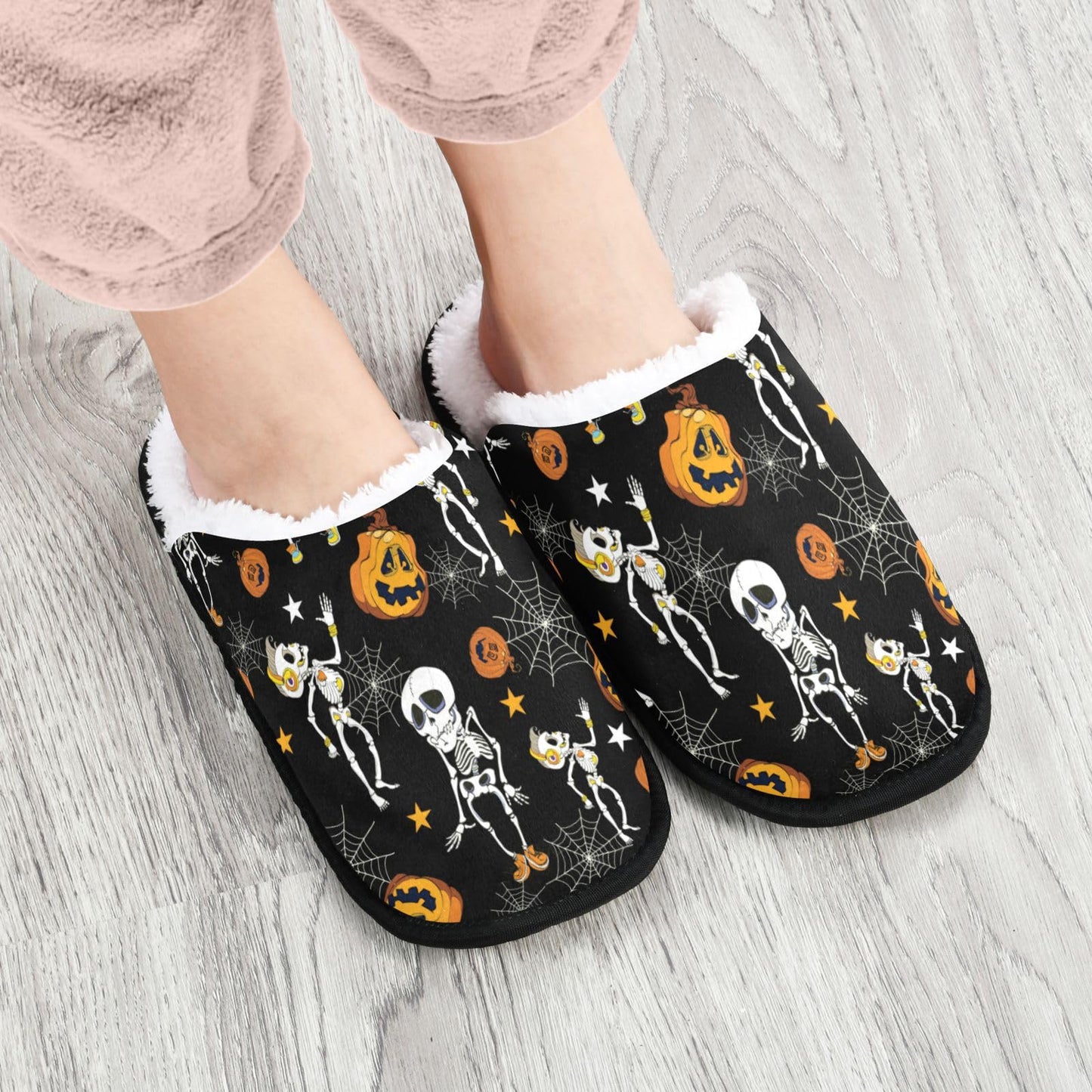 Umidedor Halloween Skull Pumpkins Slippers for Women Girl Soft Non-Slip Indoor House Slippers Home Shoes for Bedroom Hotel Travel Spa