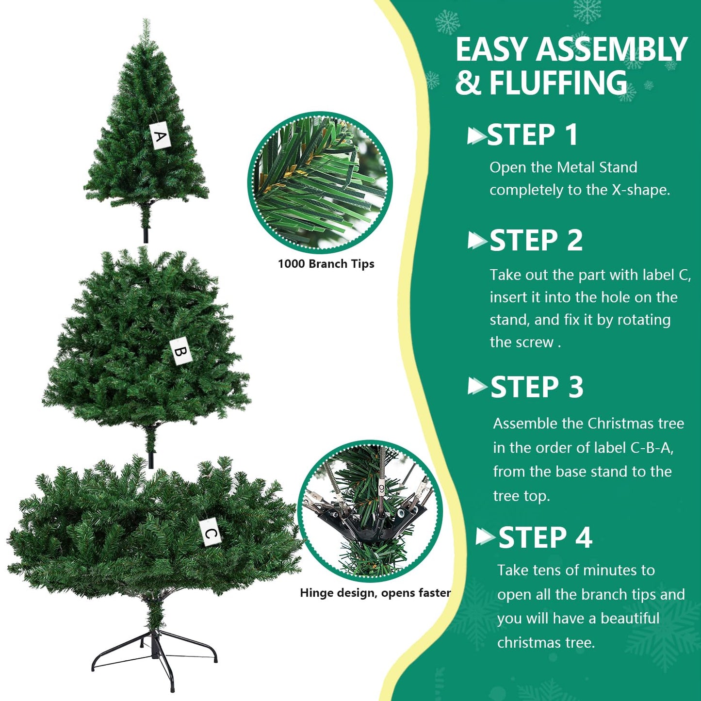 ULICO 6ft Artificial Christmas Tree,Premium Spruce Xmas Tree with 1000 Branch Tips, Fake Christmas Tree with Metal Hinges and Foldable Base Stand, Easy Assembly,Home, Office,Party Decoration-Green