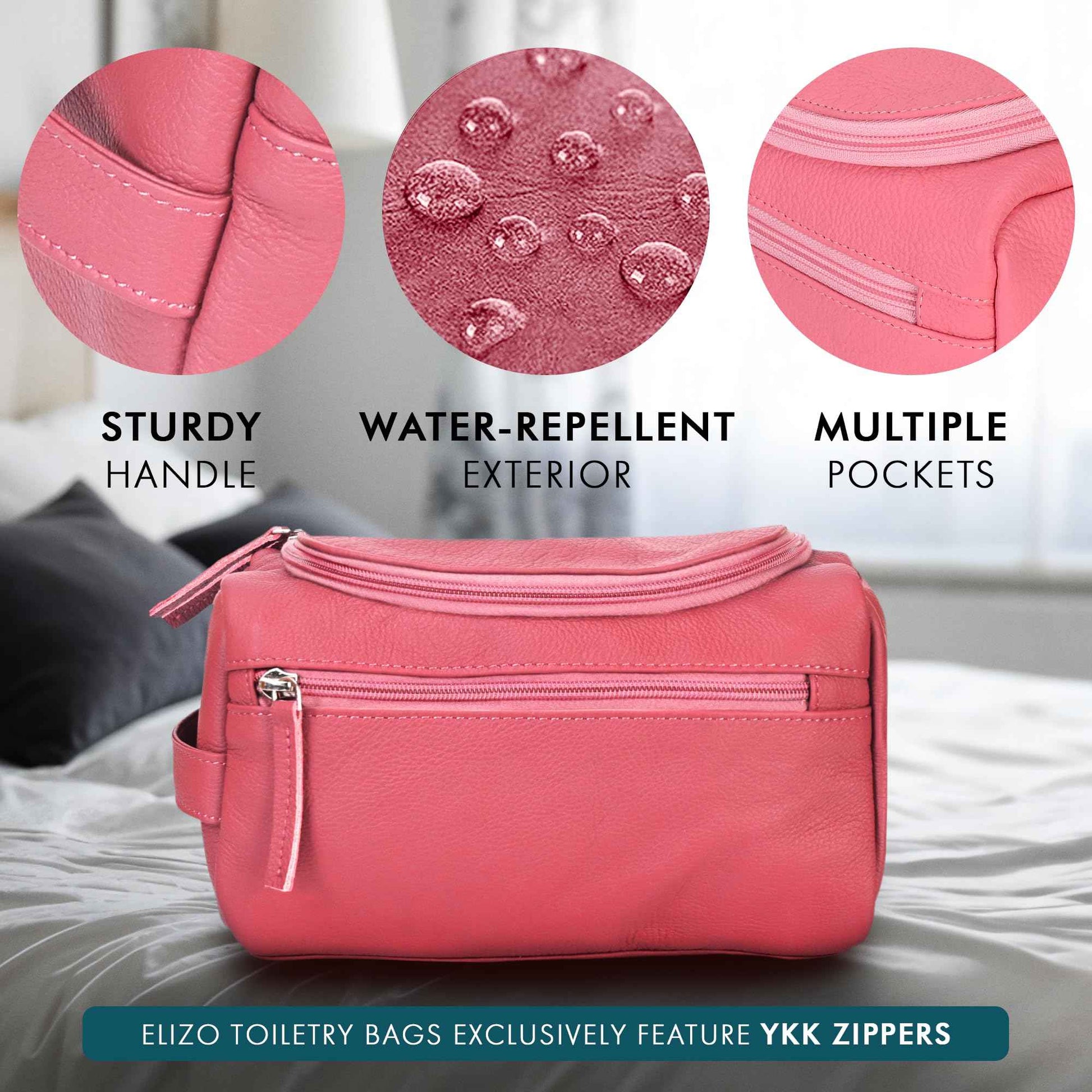 ELIZO Premium REAL Leather Toiletry Bag for Men Dopp Kitt Hanging Mens Toiletry Large TSA Toiletries Bag Shaving Grooming Bag Organizer Espresso (Pink, Large)