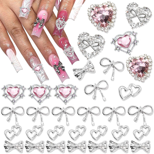 RODAKY 32PCS Bow Nail Charms Pink Heart Nail Gems Silver 3D Nail Bows Cute Sweet Style Nail Jewelry for Acrylic Nails Metal Nail Decoration for Women Manicure Design