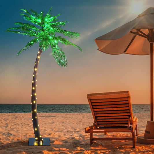 Lighted Palm Tree 7FT 96 Green/56 White LED Artificial Palm Tree Lights for Decoration Outdoor and Indoors Tiki Bar Christmas Patio Pool