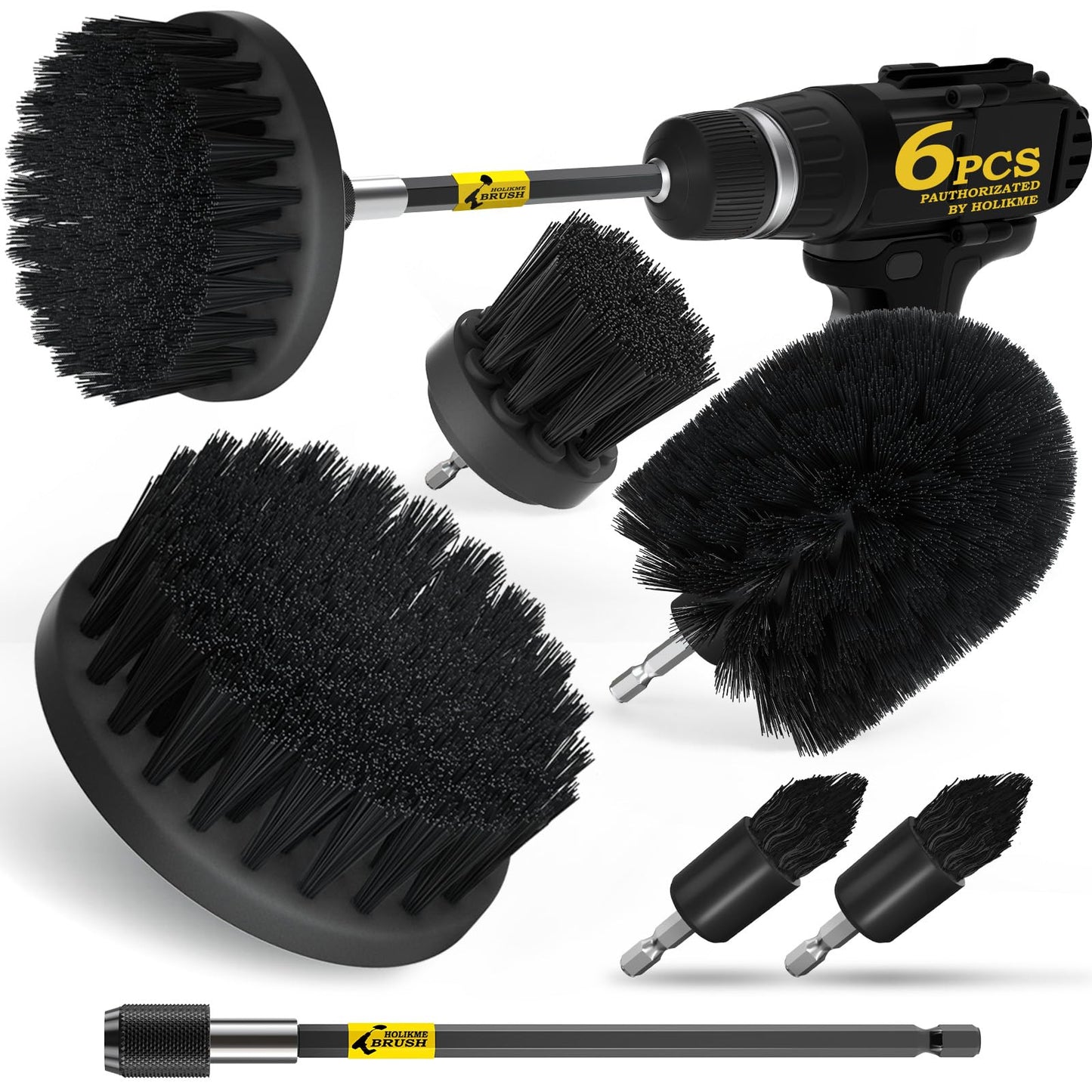 Holikme 6Pack Drill Brush Power Scrubber Cleaning Brush Extended Long Attachment Set All Purpose Drill Scrub Brushes Kit for Grout, Floor, Tub, Shower, Tile, Bathroom Black