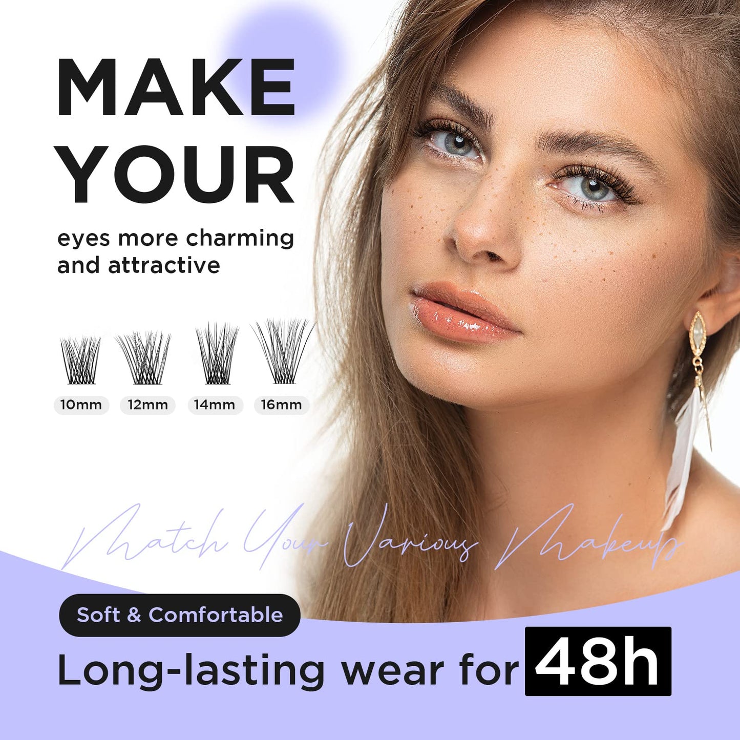 DIY Eyelash Extension,Cluster Lashes Individual False Eyelashes Extension Natural Look Reusable Glue Bonded Black Super Thin Band 48 Lash Clusters by BEYELIAN (Style3 0.07 10mm Black Band)