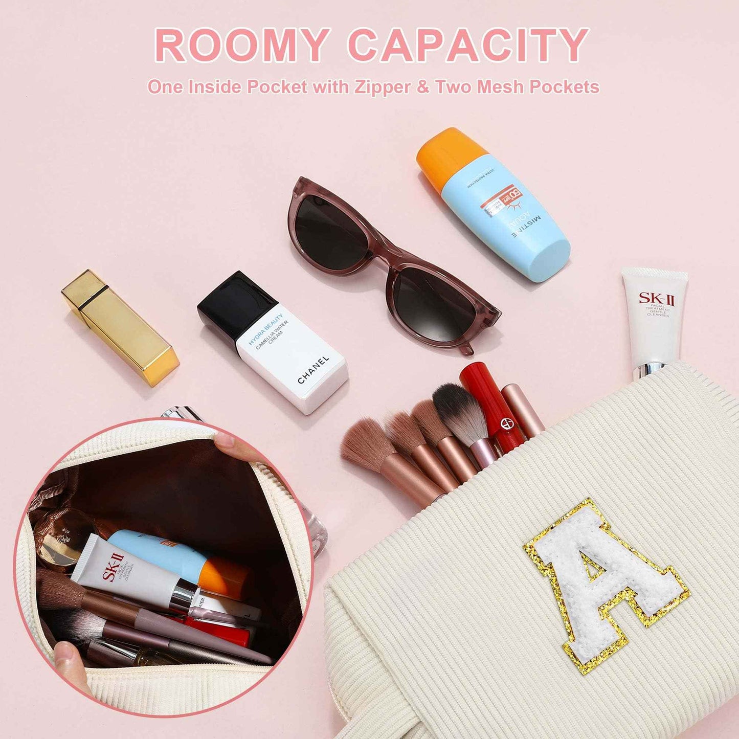 YOOLIFE 3 Pcs Initial Jute Tote Bag & Initial Makeup Bag Personalized Gifts for Women Teen Girls