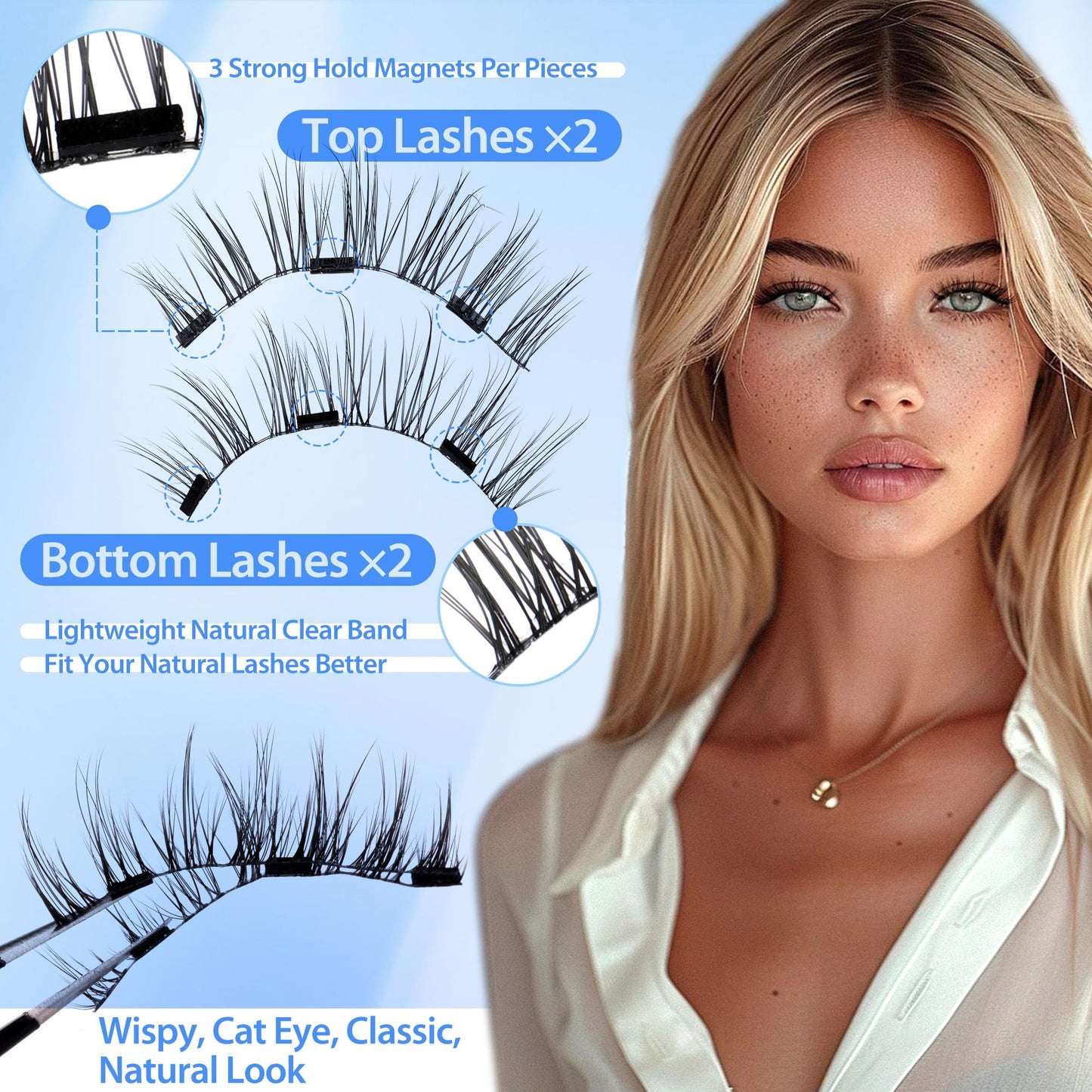 Magnetic Eyelashes Natural Look Cat Eye Wispy Magnetic Lashes with Applicator Reusable Magnetic Eyelashes without Eyeliner No Glue Needed Magnetic Lashes 2 Styles Mix Clear Band Eyelashes by JIMIRE