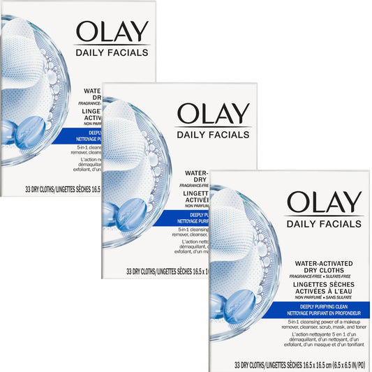 Olay Daily Facial Cleansing Cloths for a Deeply Purifying Clean, Makeup Remover, 33 Count (Pack of 3)