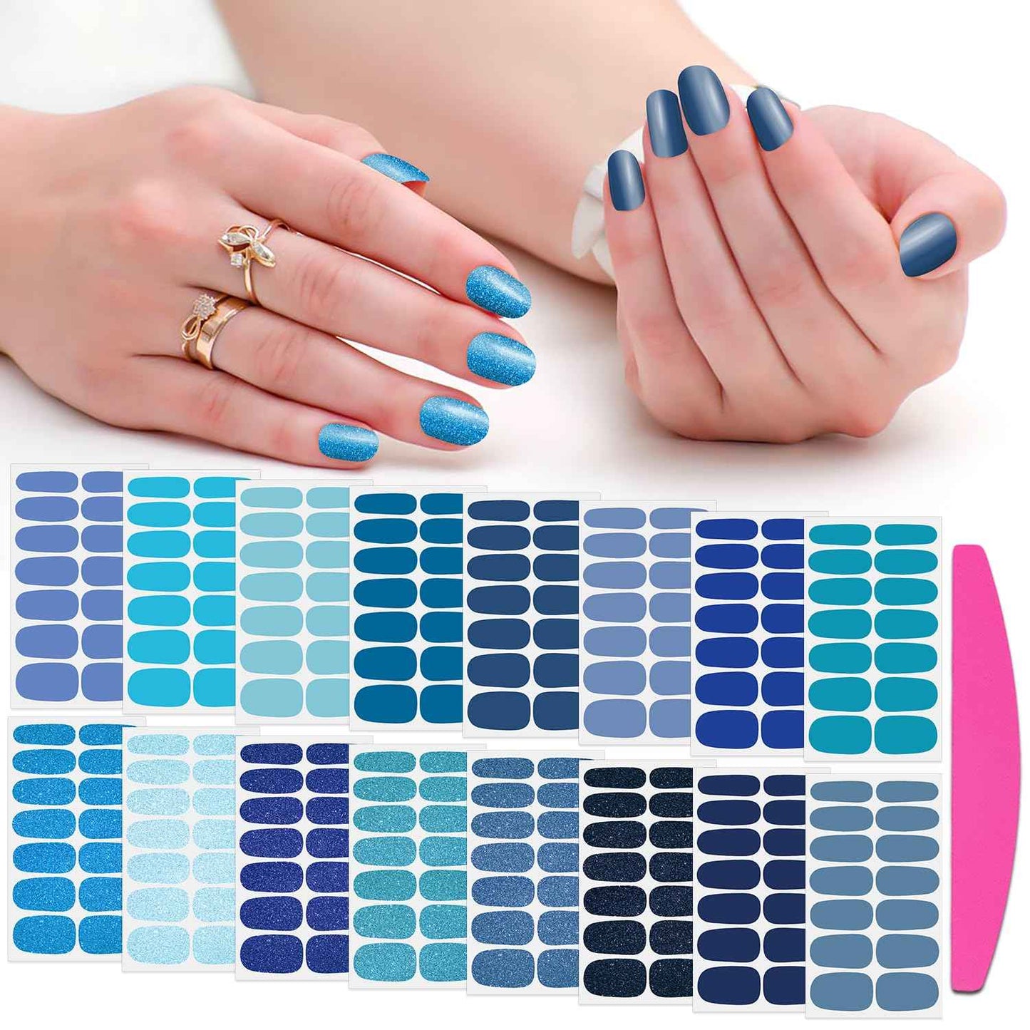 SILPECWEE 16 Sheets Blue Nail Wraps for Women Glitter Solid Color Nail Polish Stickers Stick on Nail Polish Strips Gel Nail Strips Self Adhesive Fingernail Manicure Design with Nail File