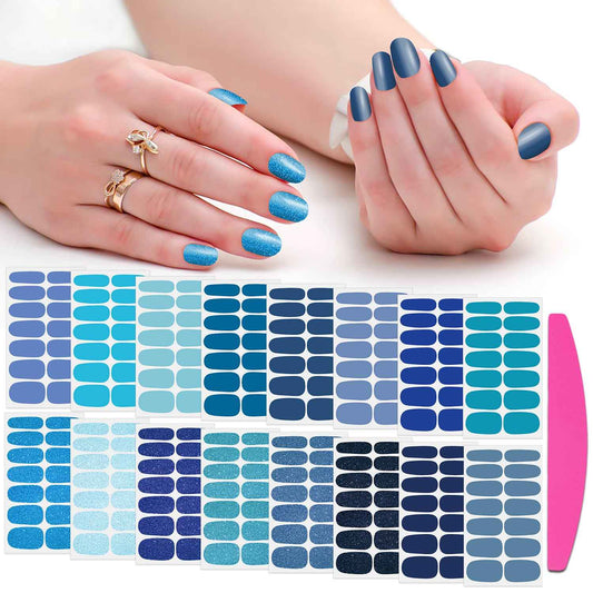 SILPECWEE 16 Sheets Blue Nail Wraps for Women Glitter Solid Color Nail Polish Stickers Stick on Nail Polish Strips Gel Nail Strips Self Adhesive Fingernail Manicure Design with Nail File