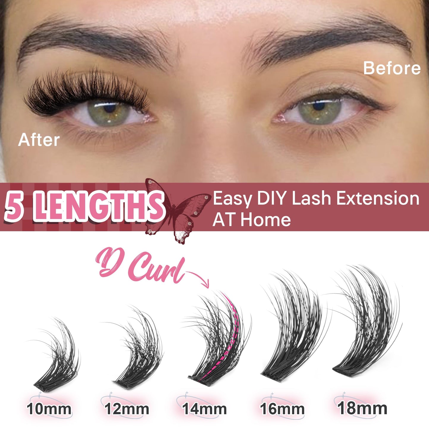 Fluffy Lash Extension Kit with Glue and Remover 80D Individual Lashes Cluster D Curl DIY Eyelash Extension Kit 10-18mm Thick Eyelashes Clusters with Tweezers 240pcs Flat Lash Clusters by TOOCHUNAG