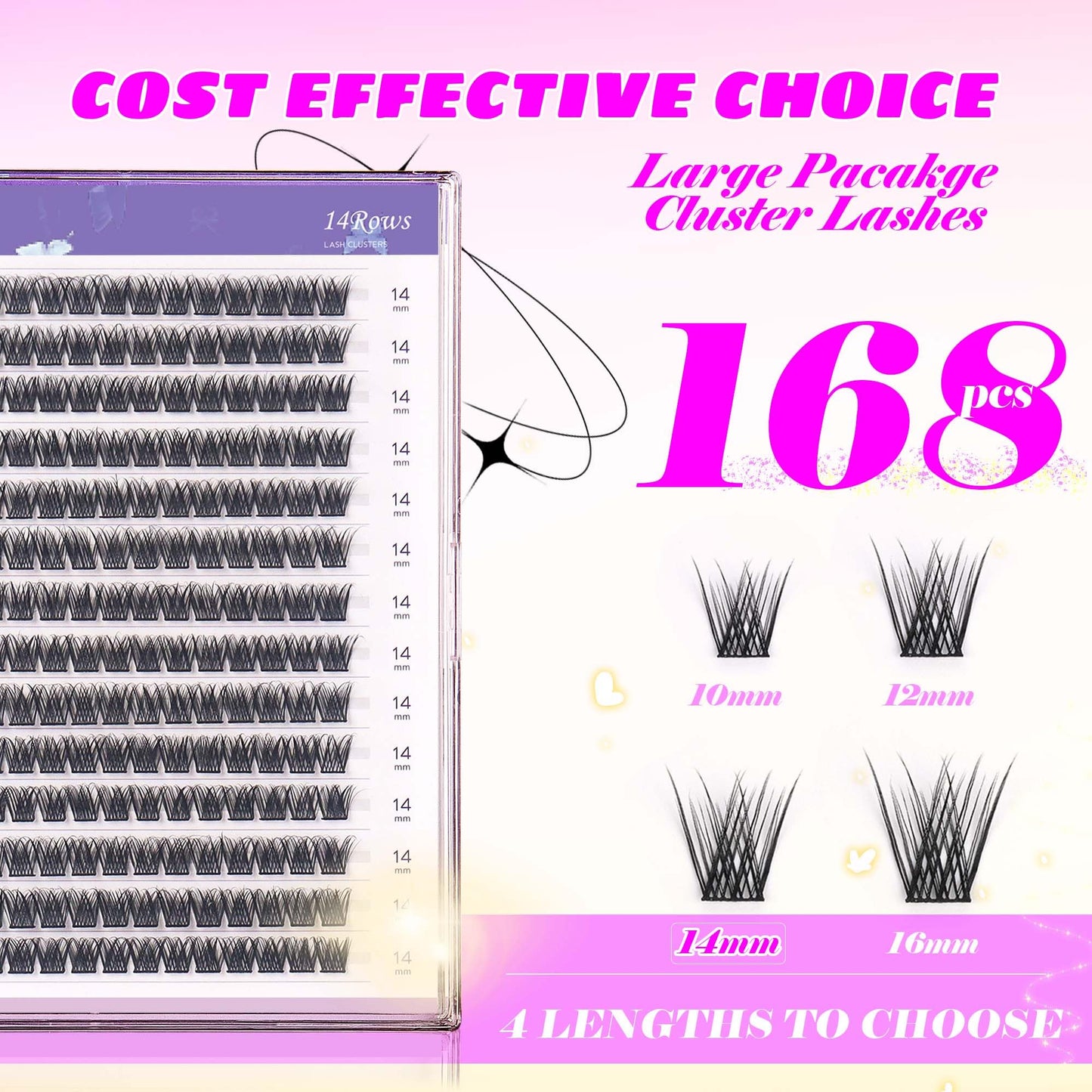 GAQQI Lash Clusters, GQ03 False Eyelashes DIY Lash Extensions D Curl 168PCS Cluster Lashes 14MM, Wispy and Natural Look (GQ03,14mm,D Curl)