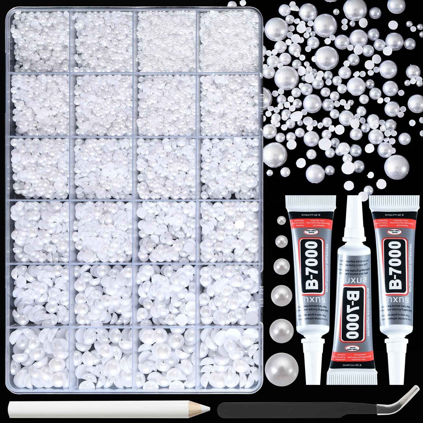 OPMADM 14000 Pcs Flat Back Pearls for Crafting with B7000 Glue White Half Pearl Beads for Jewelry Making Beads for Nails Party Face Clothes Shoe Balloon Birthday Decorations Cup DIY 2/3/4/5/6/8mm