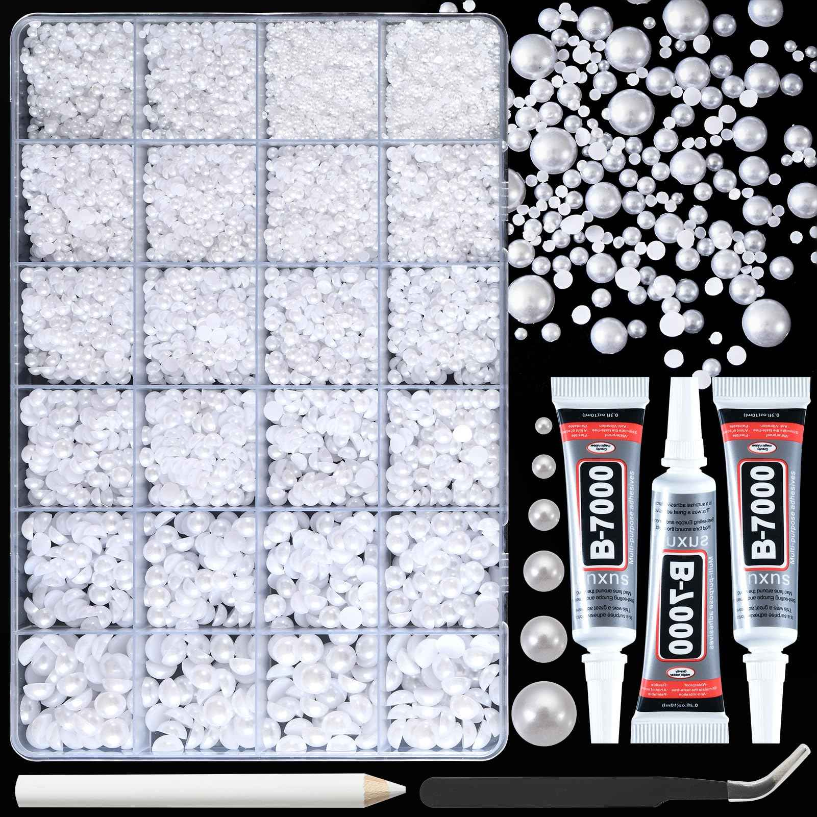 OPMADM 14000 Pcs Flat Back Pearls for Crafting with B7000 Glue White Half Pearl Beads for Jewelry Making Beads for Nails Party Face Clothes Shoe Balloon Birthday Decorations Cup DIY 2/3/4/5/6/8mm