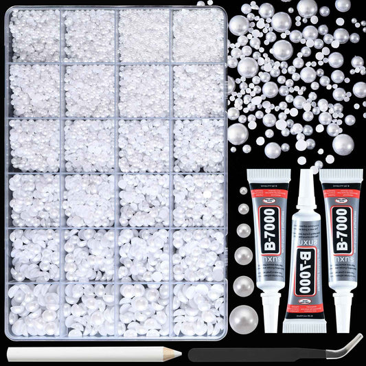 OPMADM 14000 Pcs Flat Back Pearls for Crafting with B7000 Glue White Half Pearl Beads for Jewelry Making Beads for Nails Party Face Clothes Shoe Balloon Birthday Decorations Cup DIY 2/3/4/5/6/8mm