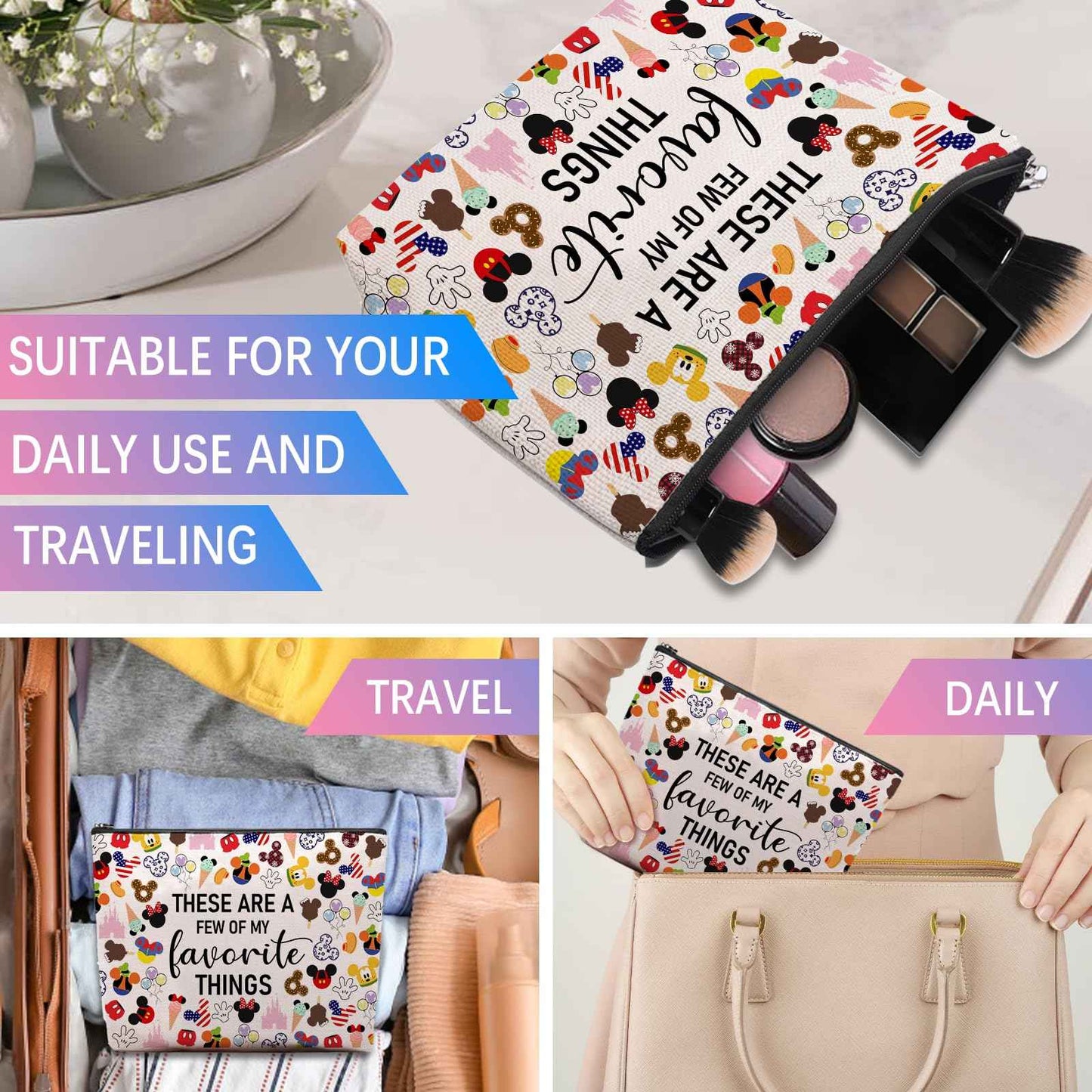 CEASQVAA Vacation Trip Gift Fairytale Fans Makeup Cosmetic Bag Mouse Family Trip Snacks Makeup Bag Magic Kingdom Gift Mouse Favorite Things Zipper Pouch