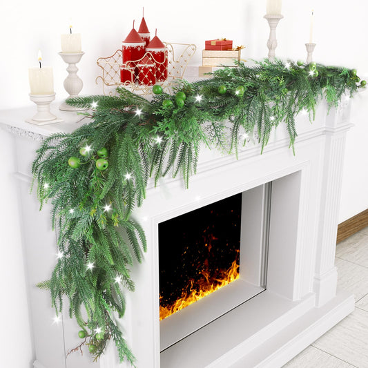 Norfolk Pine Cypress Garlands with Green Berry, 6Ft Artificial Soft Christmas Pine Garland with10Ft Light String, Green Real Touch Greenery Garland for Table, Mantle, Premium Christmas Decorations.