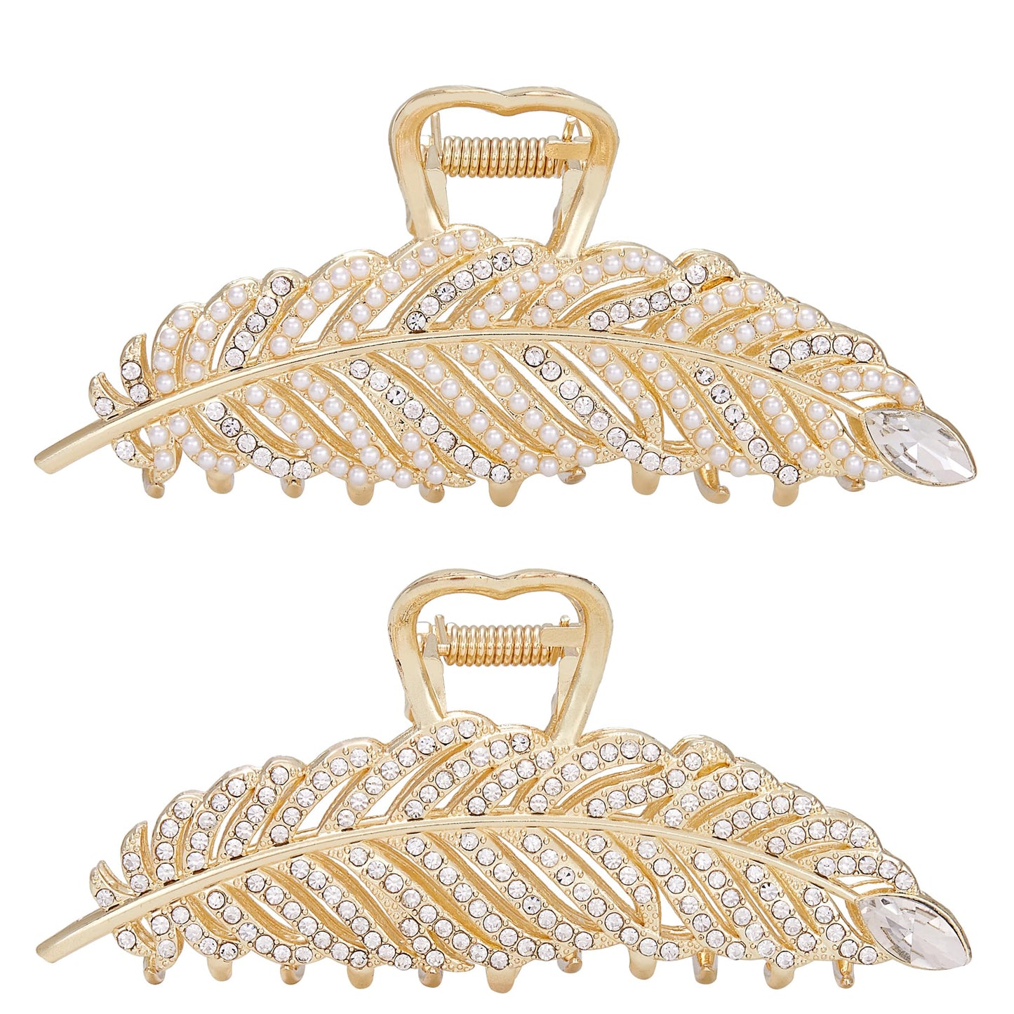 Rhinestone Hair Clips Pearl Leaf Shape Metal Hair Catch Barrette Jaw Clamp for Thin Thick Curly Hair Crystal Non-Slip Hair Claws Strong Hold Hair Accessories for Women, Bride, Bridesmaid