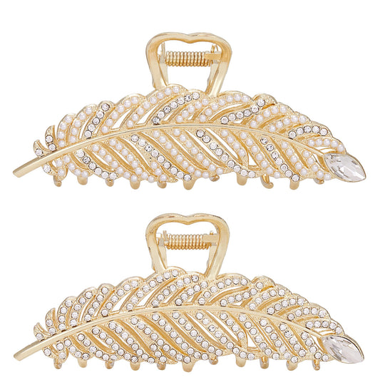 Rhinestone Hair Clips Pearl Leaf Shape Metal Hair Catch Barrette Jaw Clamp for Thin Thick Curly Hair Crystal Non-Slip Hair Claws Strong Hold Hair Accessories for Women, Bride, Bridesmaid