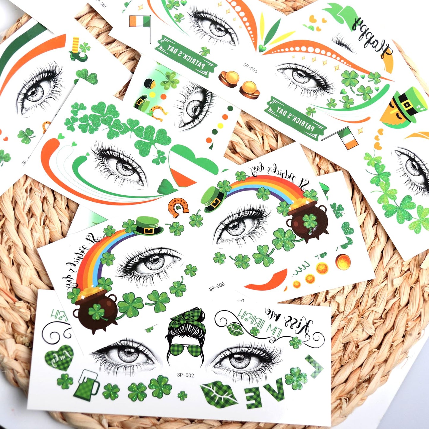 St. Patrick's Day Face Sticker Shamrock Face Temporary Tattoos Sticker Green Clove Face Body Tattoos Party Makeup Self Adhesive Holiday Festival Party Supplies 10pcs