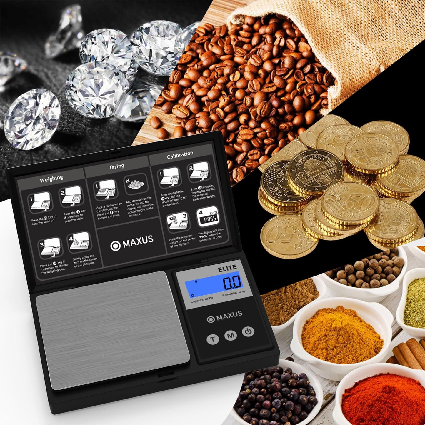 MAXUS Digital Gram Scale 1000g/0.1g, Small Food Scale with Backlit LCD, Mini Pocket Scale for Jewelry…