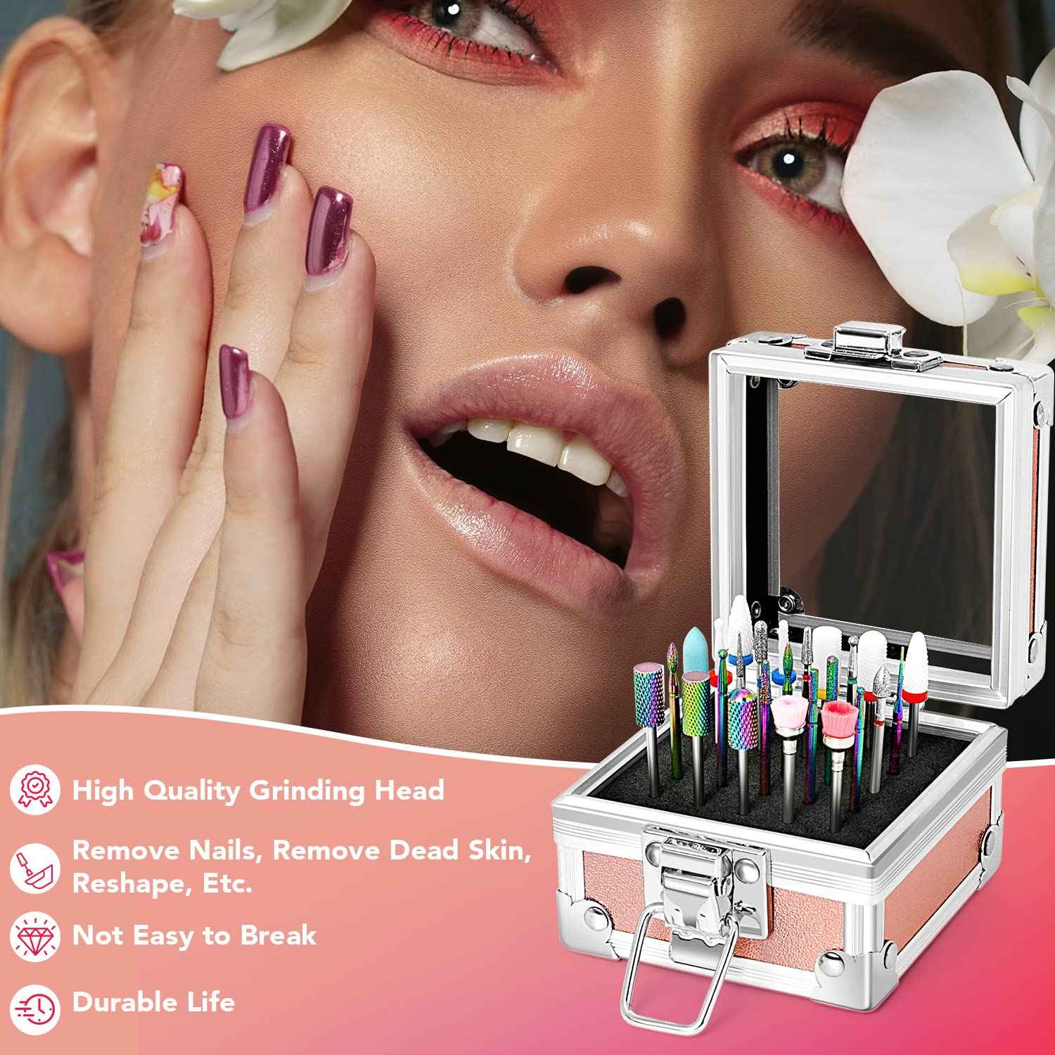 Onism 25Pcs Nail Drill Bits Set - 3/32 Inch Tungsten Carbide Ceramic Nail Bits Kit for Professional Manicure Pedicure Remover for Home Salon Acrylic Gel Nail Polish - With Nail Tool Box