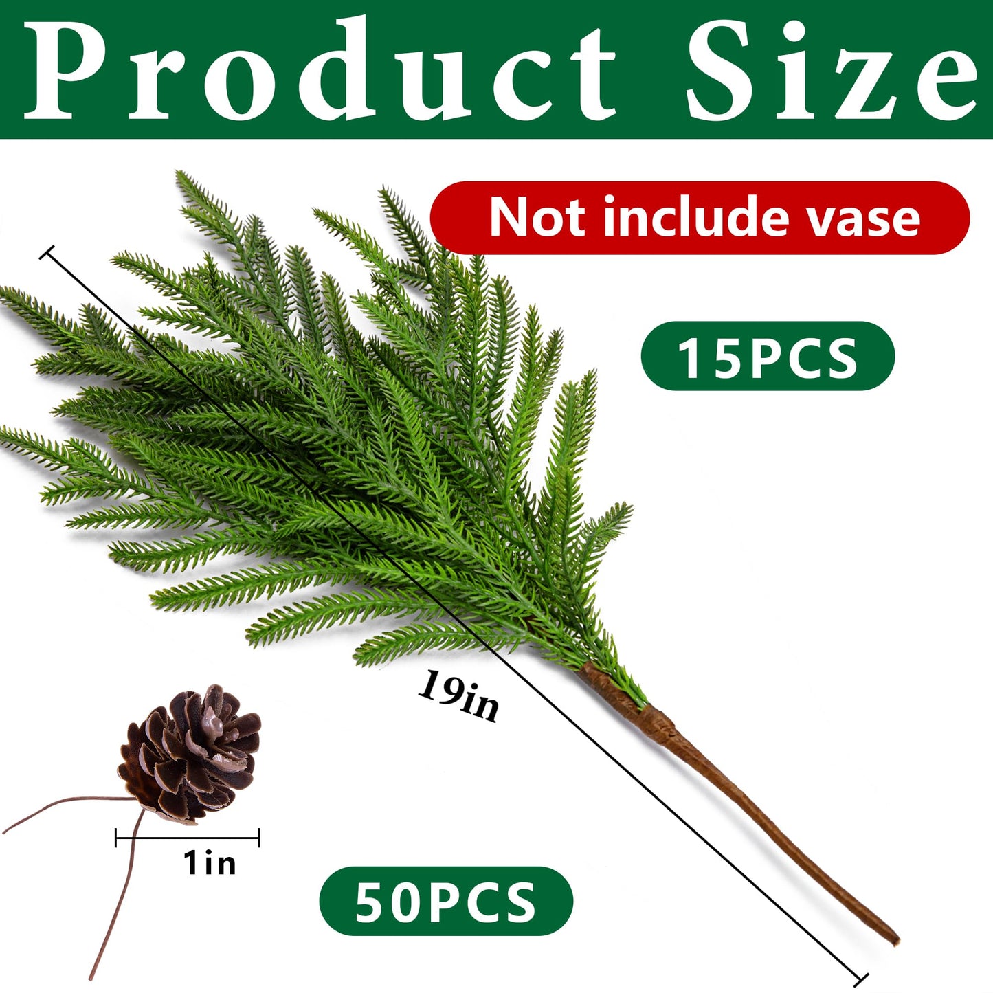 Watayo 15 Pcs Christmas Norfolk Pine Branches with Pine Cones- 19" Extra Length Fake Greenery Norfolk Pine Stems Sprigs- Artificial Xmas Branches Plants Pine Leaves for DIY Craft Garland Home Decor