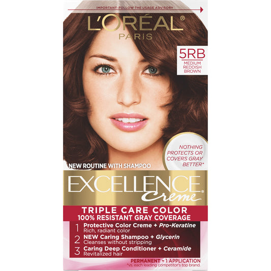 L'Oreal Paris Excellence Creme Permanent Triple Care Hair Color, 5RB Medium Reddish Brown, Gray Coverage For Up to 8 Weeks, All Hair Types, Pack of 1