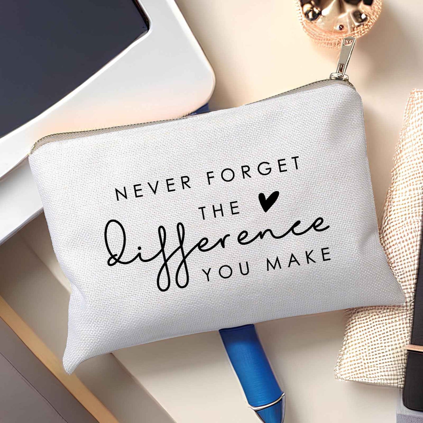 Never Forget The Difference You Make Coworker Retirement Gift Retiring Teacher Cosmetic Bag Makeup Bag Makeup Pouch Thank You Gift, Retirement Gift, Coworker Meaningful Leaving