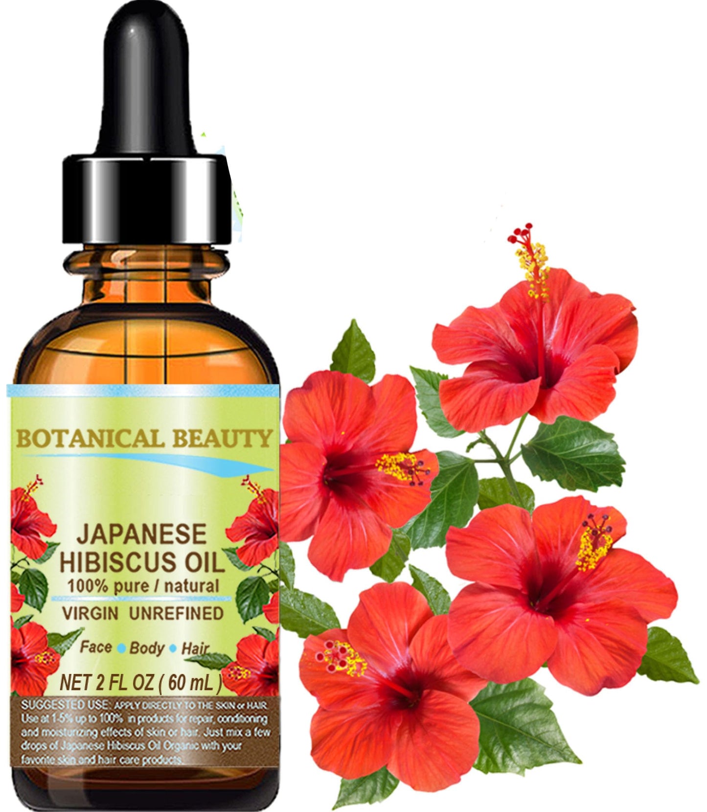 Botanical Beauty HIBISCUS OIL (Hibiscus Sabdariffa) JAPANESE 100 Pure Natural VIRGIN UNREFINED COLD PRESSED Anti Aging, Vitamin E oil for FACE, SKIN, HAIR GROWTH 2 Fl.oz.- 60 ml