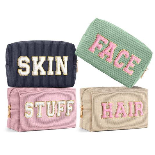 MAGEFY 4 Pcs Small Makeup Bag Corduroy Cosmetic Bag for Women Preppy Makeup Bags Cute Chenille Letter Aesthetic Stuff Gifts (Beige & Dark Grey & Pink & Green)