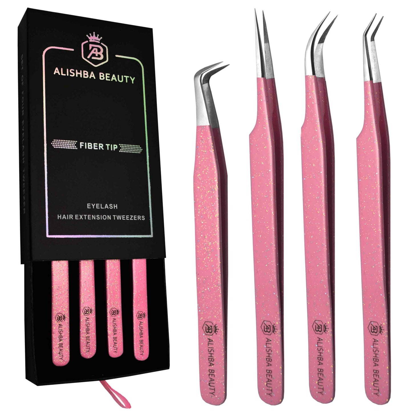 LUMESS Alishba Beauty Eyelash Extension Tweezers, Precision Fiber Tip Grip Japanese Stainless Steel (Set of 4 Eyelash Tweezer) (GLITTER PINK)