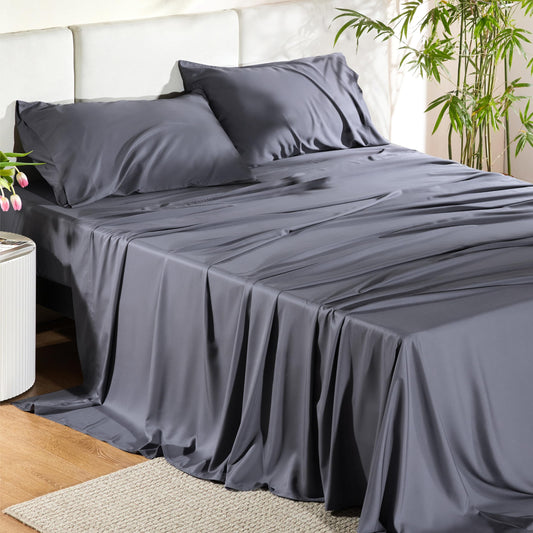 Bedsure California King Sheet Sets, Cooling Sheets, Rayon Derived from Bamboo, Deep Pocket Up to 16", Breathable & Soft Bed Sheets, Hotel Luxury Silky Bedding Sheets & Pillowcases, Dark Grey