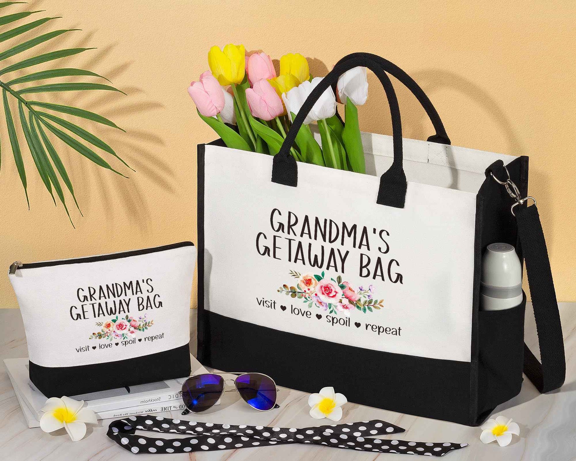 Best Grandma Gifts, Christmas Gifts for Grandma from Granddaughter Grandchildren Grandkids, Nana Birthday Gift Grandmother Canvas Tote Bag Makeup Bag Set for Gigi Unique Grandmother New Granny Gift