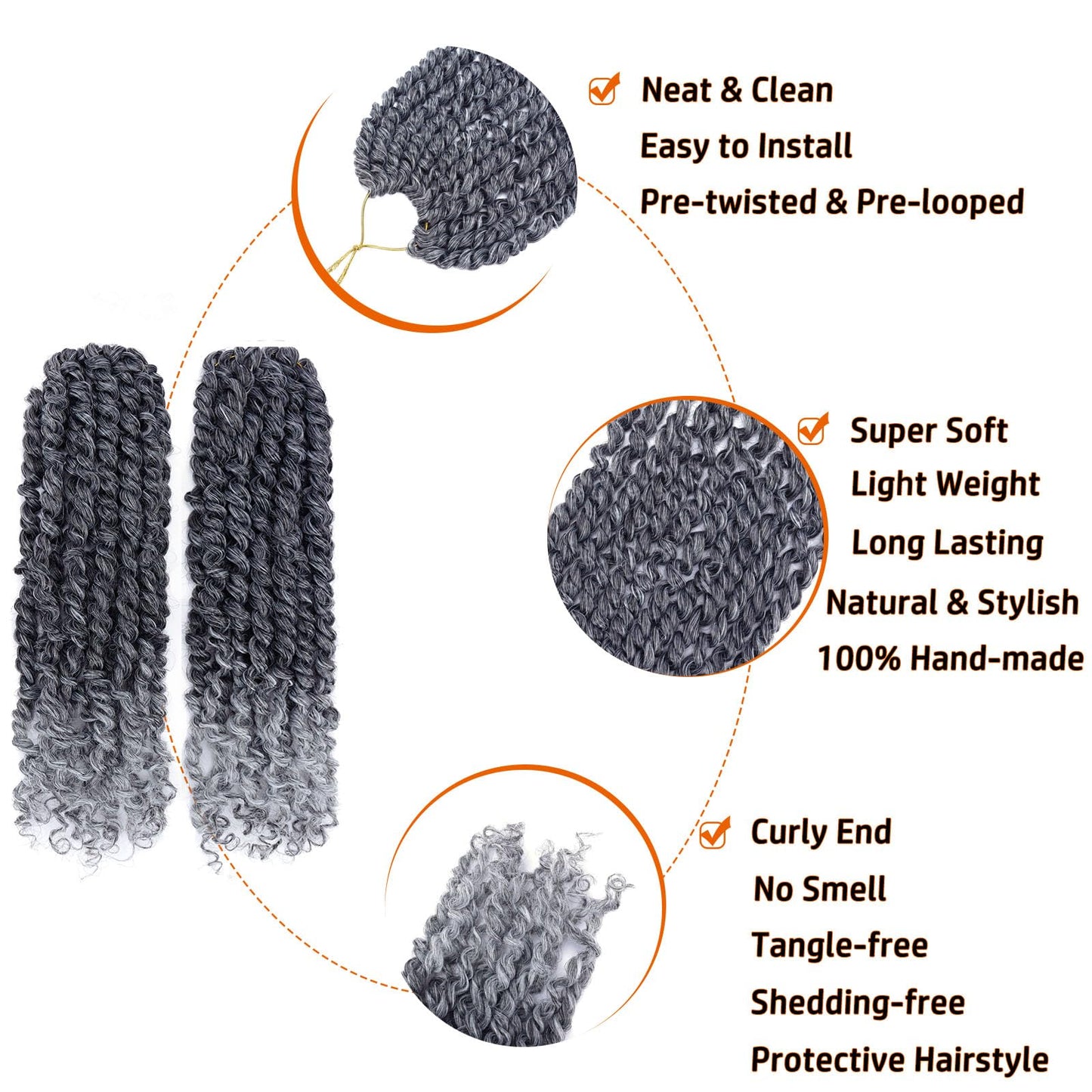 Passion Twist Hair 14 Inch Pre-twisted Passion Twist Crochet Hair for Women Pre-looped Water Wave Crochet Braids Bohemian Curly Crochet Hair Synthetic Hair Extensions 8 packs 1B/Gray