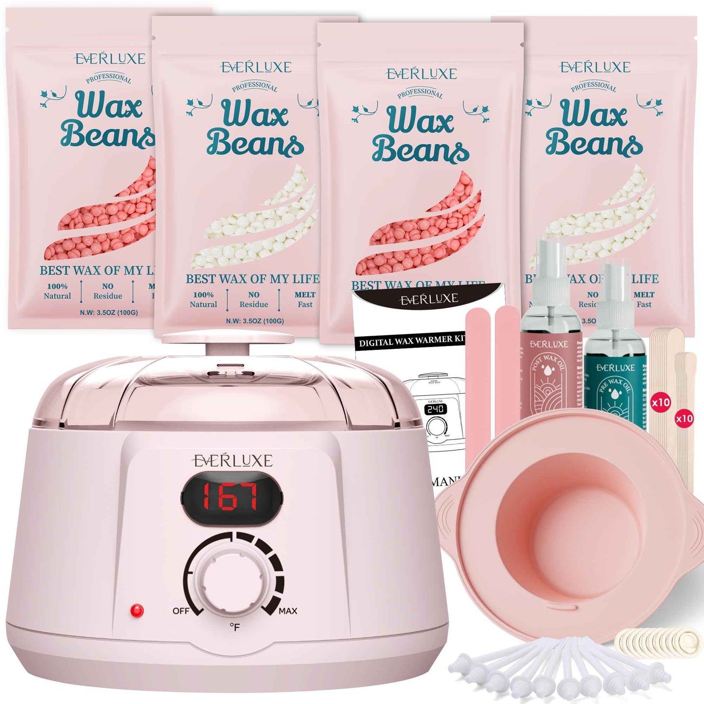 EVERLUXE Waxing Kit for Women Hair Removal with Silicone Wax Warmer Liner, Digital Waxing Machine Hard Wax Kit for Full Body, Arms, Legs, Face, Bikini, Brazilian Wax Kit for Women Men Sensitive Skin