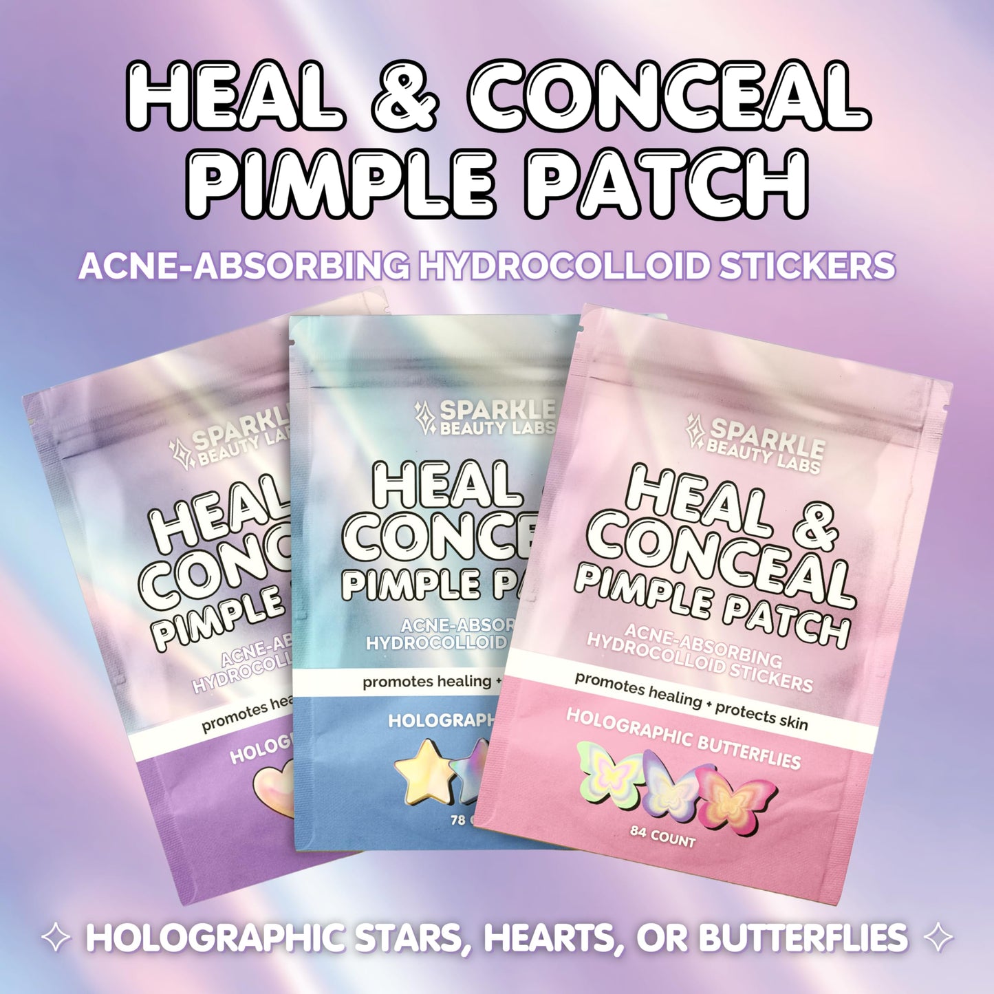 Sparkle Beauty Labs Heal & Conceal Pimple Patch - Cute Holographic Butterfly Shaped Acne Patches, Fun Hydrocolloid Zit Stickers for Face (Iridescent Pink Butterflies, 84 Count)