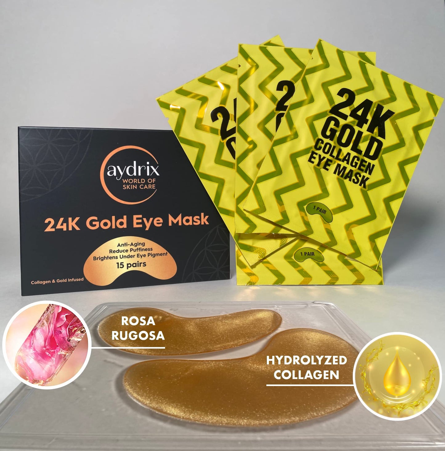 Aydrix 24K Gold Under Eye Mask Treatment - Corrects Puffy Eyes, Dark Circles - Reduces Wrinkles, Fine Lines and Hydrates Your Skin - 15 Golden Eye Mask Pairs