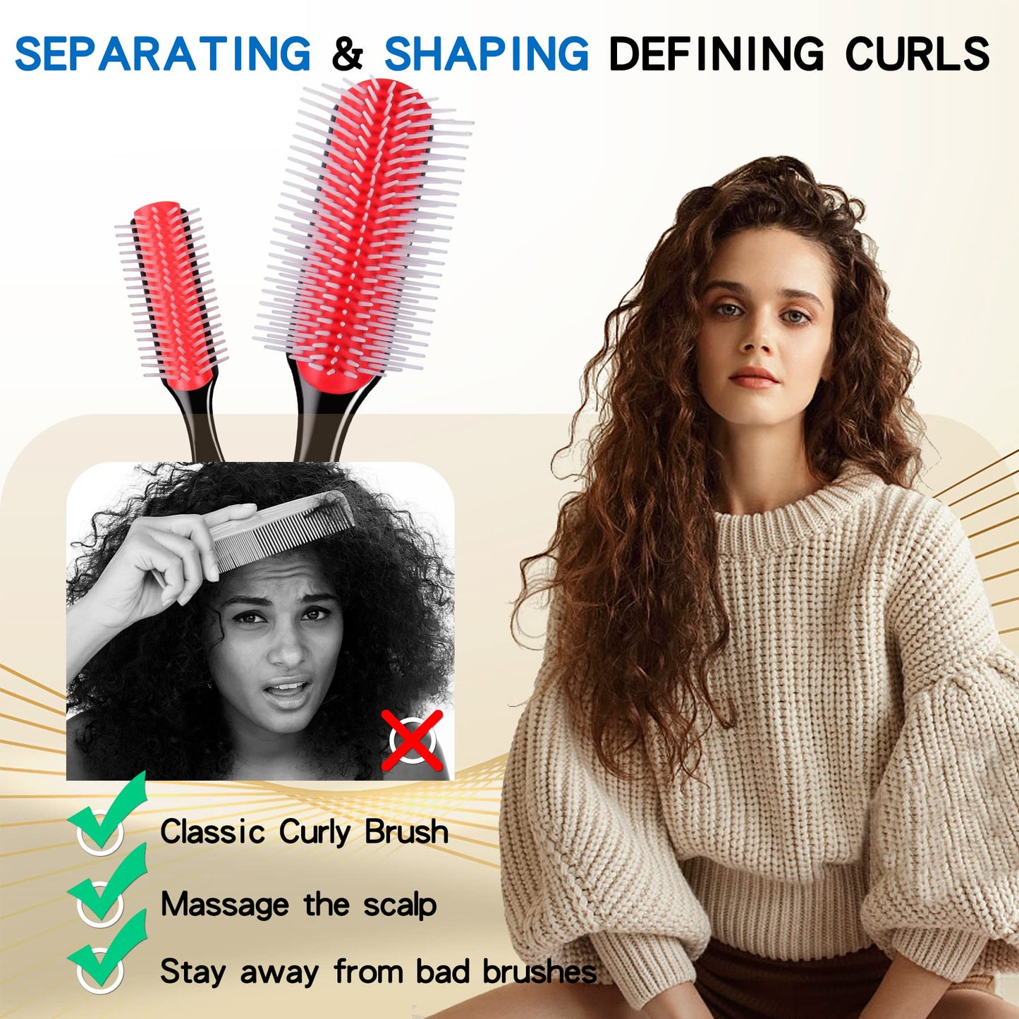 2 PCS Hair Brush for Women Men Curly Wet or Dry Hair 9 Row 5 Row Classic Styling Brushes for Natural Thick Hair, Blow Separating, Shaping Defining Detangling Curls Tools Travel Bristle Black Hairbrush