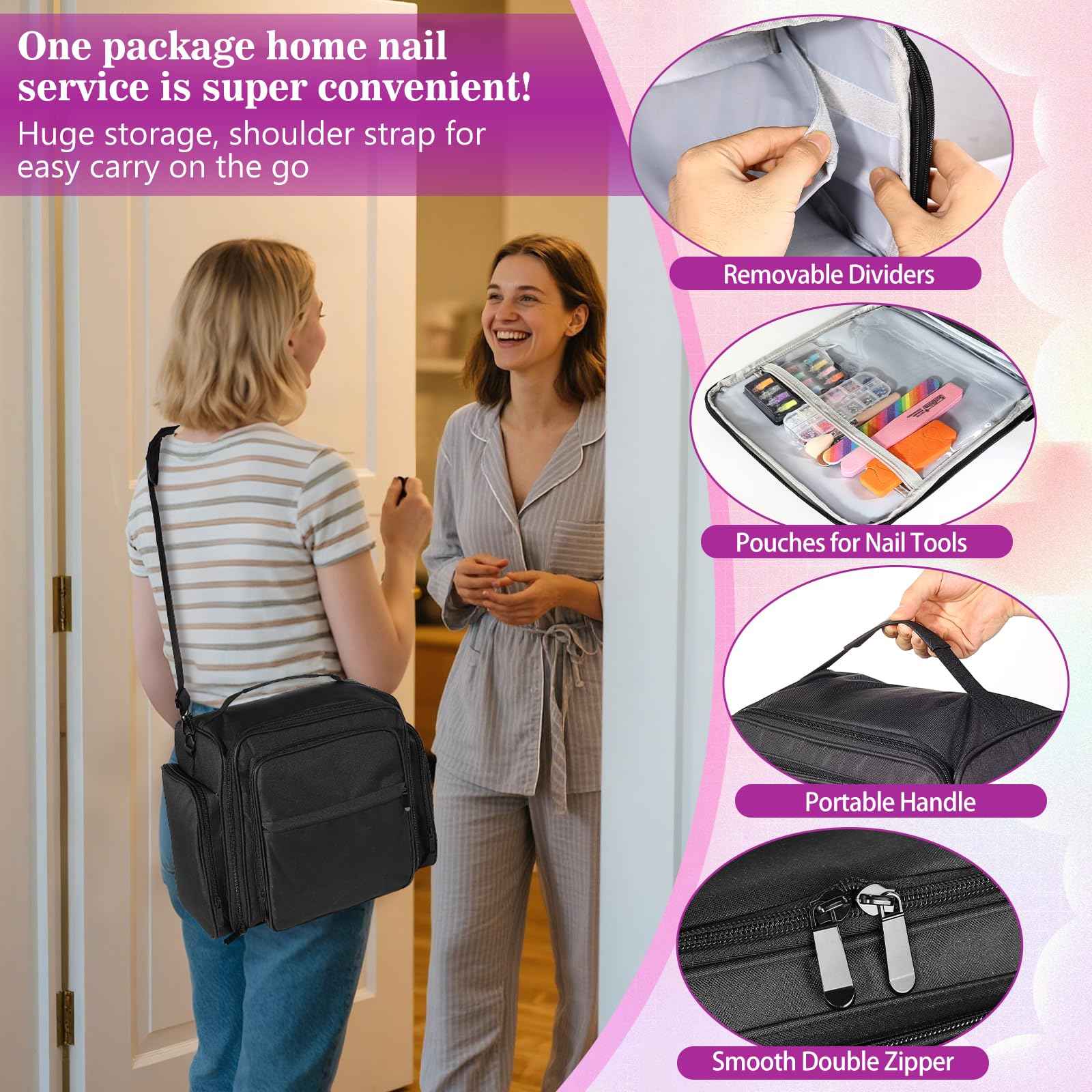 ZWRTU Extra Large Nail Polish Organizer Case Holds 105 Bottles with 3 Removable Pouches for Manicure Tools, Supplies, Nail Lamp, Gift for Girls