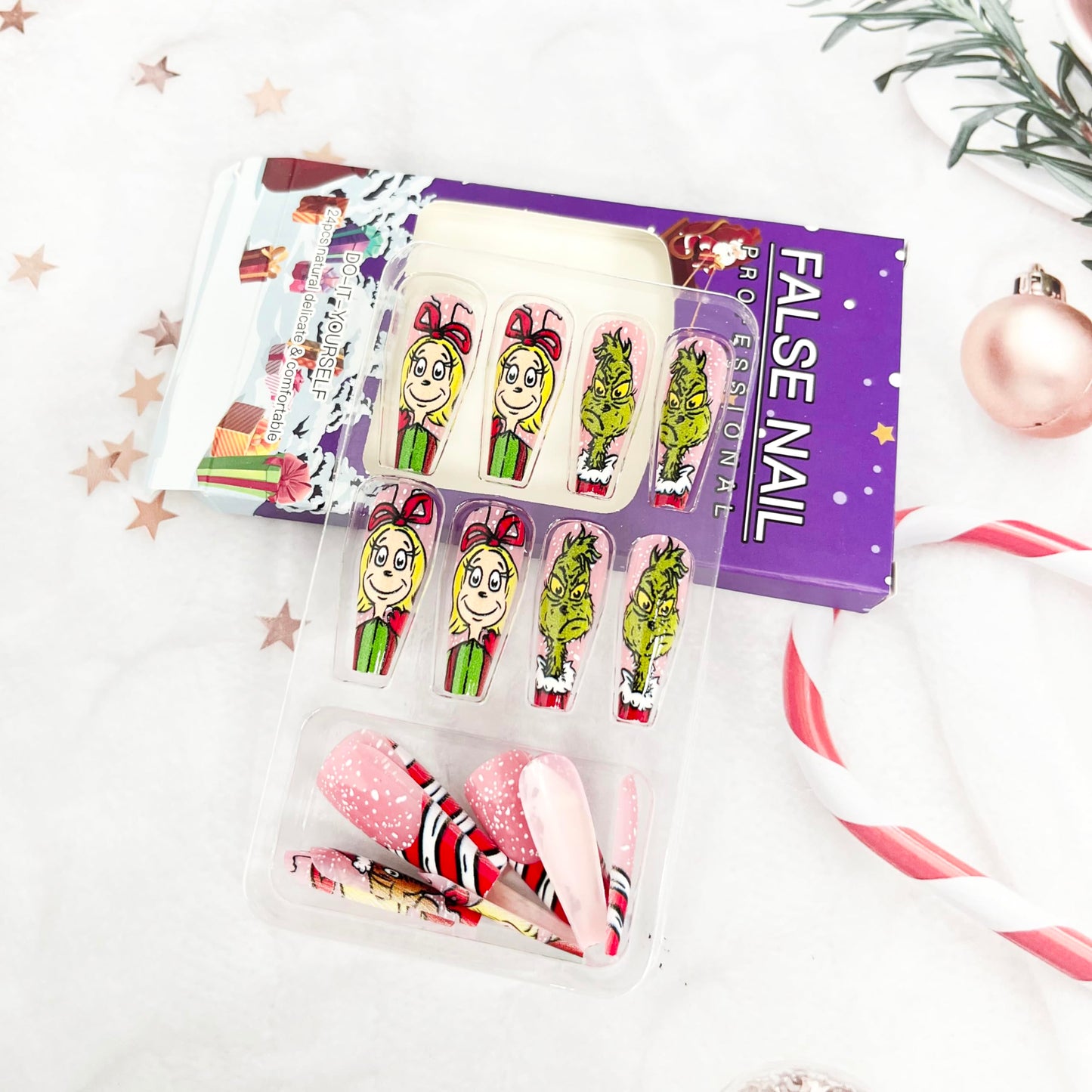 Christmas Press on Nails Long Coffin Fake Nails Funny Cartoon Designs False Nails Pink Cute Acrylic Nails Winter Xmas Glue on Nails Gloss Artificial Nails for Women Holiday Manicure Decorations