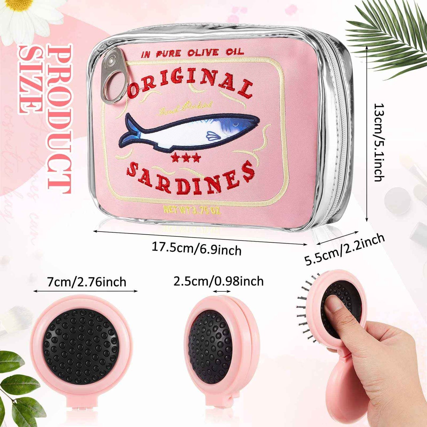 Reginary 2 Pcs Pink Canned Sardines Makeup Bag and Mini Hair Brush with Mirror Cute Cosmetic Bag Folding Hair Brush Kawaii Pencil Case Pouch Portable Travel Toiletry Bag Funny Waterproof for Women