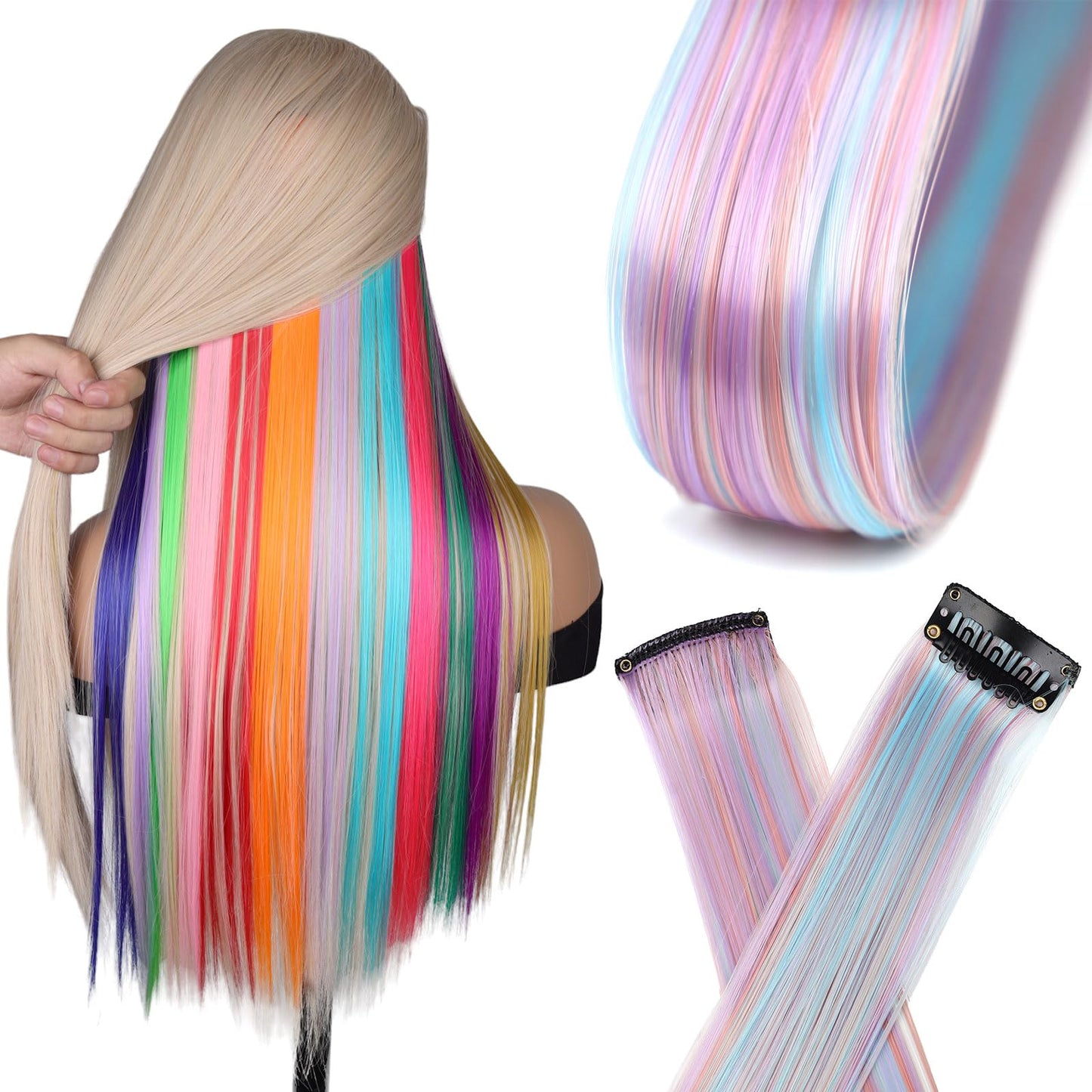 Colored Hair Extensions, Mixed Multiple Color Hair Extensions Clip in, Colorful Hair Pieces for women, 10 Pcs 22 Inches