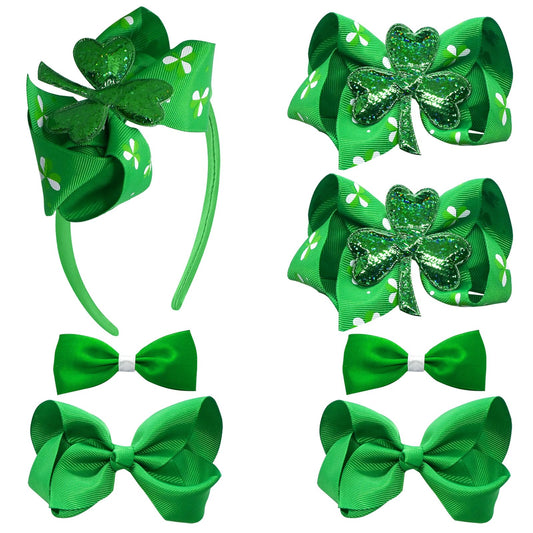 JUCCPUL 7Pcs St. Patrick's Day Hair Bows Clips for Girls Hair Accessories Toddler Bows for Girls Kids(Green)