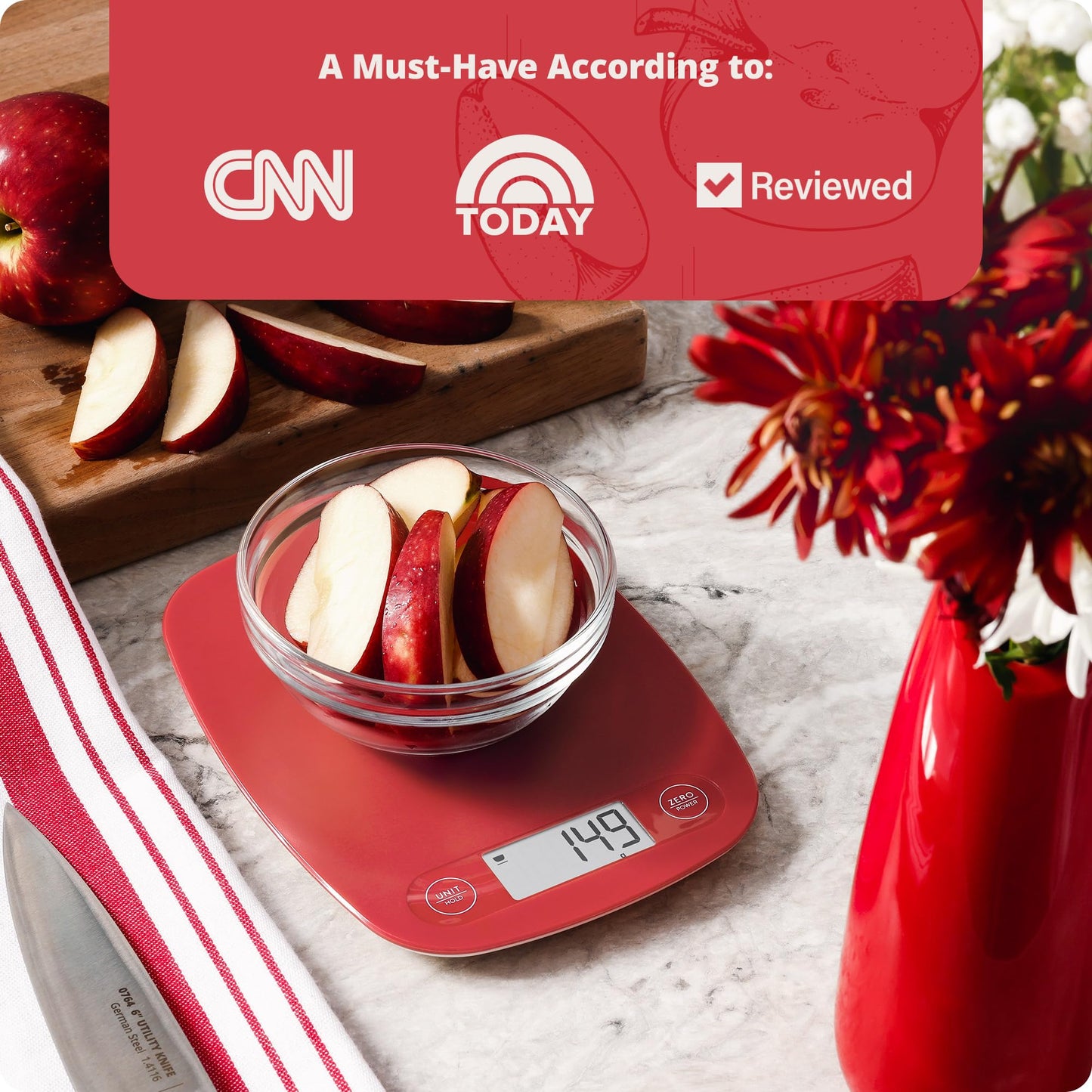 Greater Goods Digital Food Kitchen Scale (Cherry Red), Portion Helps Support The Charity Love146