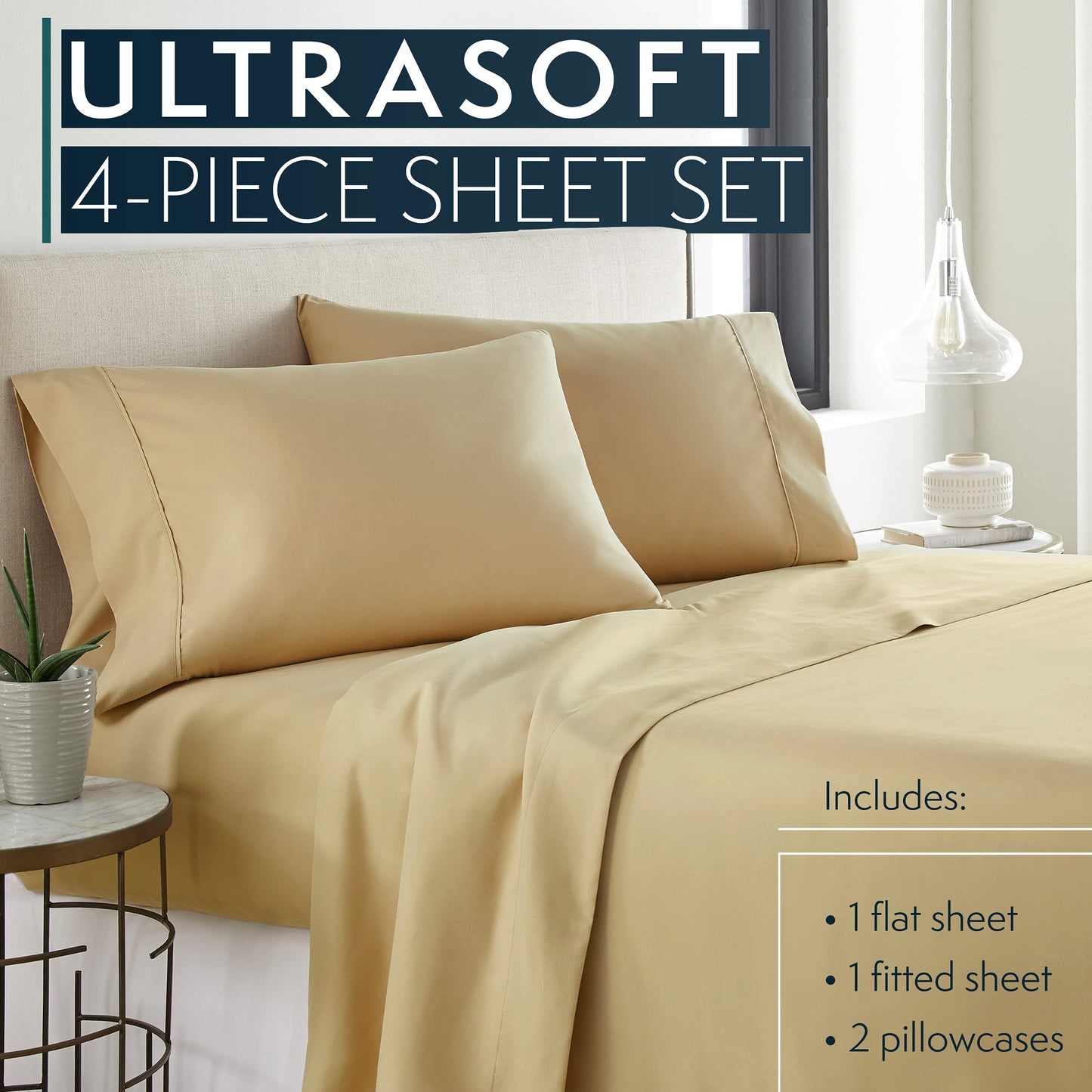 King Size Sheets Set, 4 pc Bed Sheets & Pillowcases Set - Machine Washable for Easy Care - Soft & Breathable All Season Microfiber Sheets with Deep Pockets - Beige