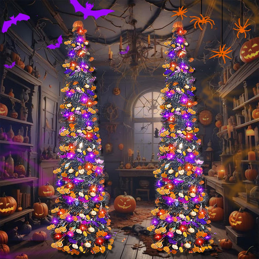 2pcs 5ft Christmas Halloween Pumpkin Tree with 80LED Orange& Purple Lights, Pop Up Collapsible Tinsel Artificial Pencil Small Halloween Tree for Home Porch Party Indoor Outdoor Halloween Decorations