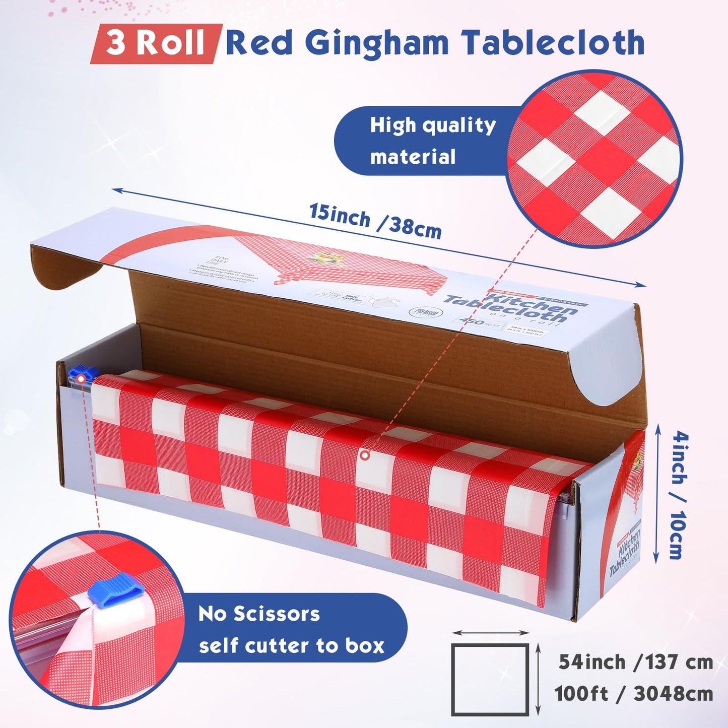 Preboun 3 Roll Checkered Tablecloth 54 in x 100 FT Plastic Table Cloth Roll with Cutter Red Gingham Tablecloth Disposable Thick Plastic Table Cover for Party Picnic Holiday Christmas Outdoor