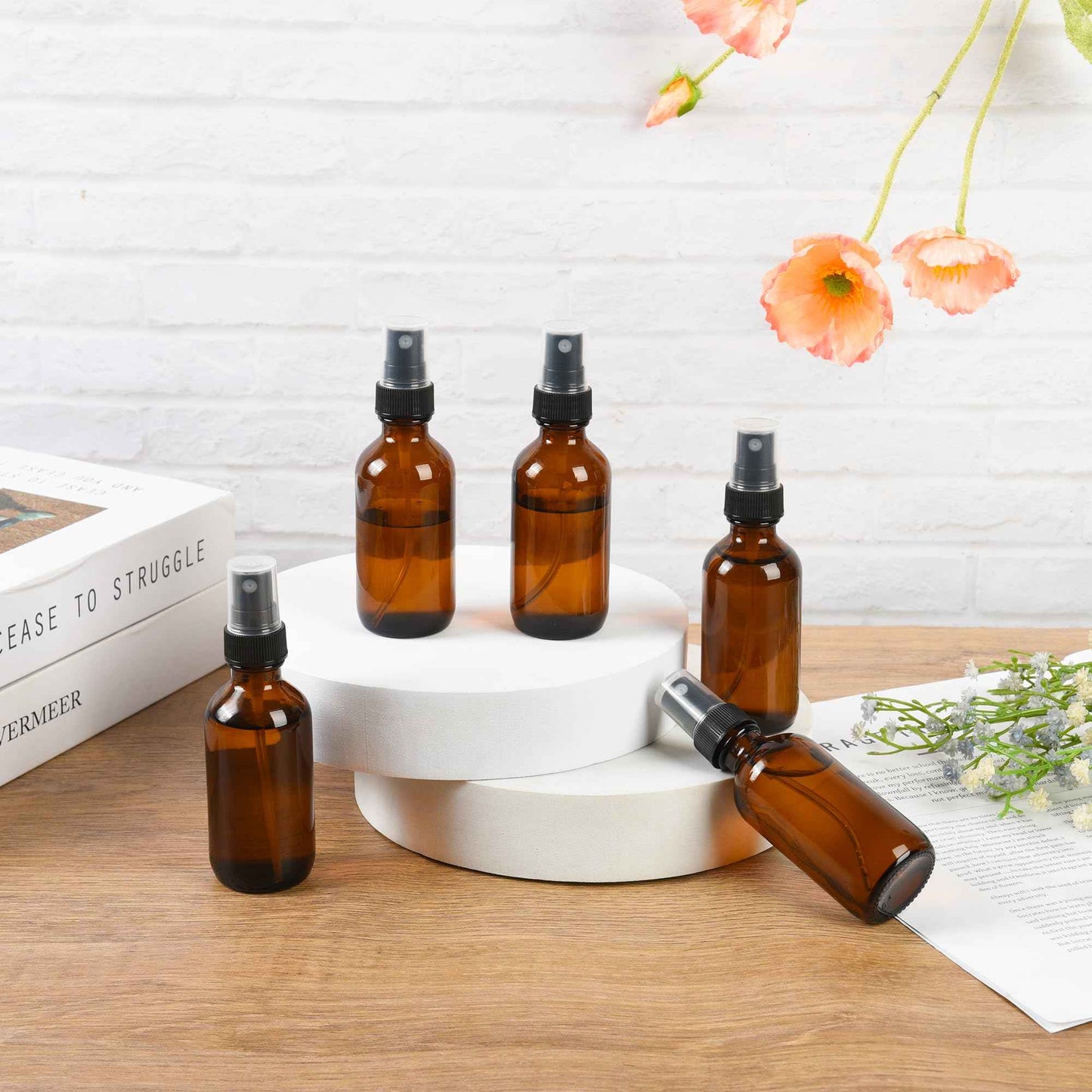 BILLIONSTARS 24 Pack 2oz Glass Boston Round Bottle with Fine Mist Sprayer - Amber - Essential Oils, Bath, Beauty, Hair & Cleaning - Leakproof Travel Bottles